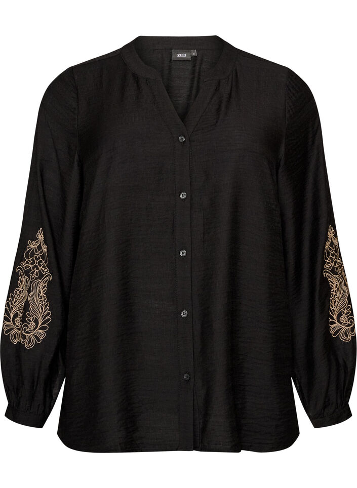 Viscose shirt met geborduurde mouwen, Zwart, Packshot image number 0