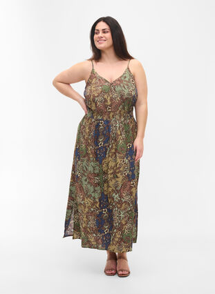 Mouwloze viscose midi-jurk met paisley print, Green Paisley, Model image number 0