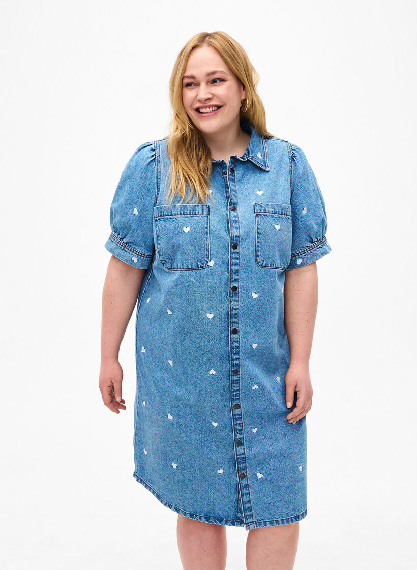 Denim jurk met geborduurde harten, Light blue denim, Model image number 0