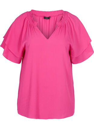V-hals blouse met korte mouwen, Fuchsia Purple, Packshot image number 0