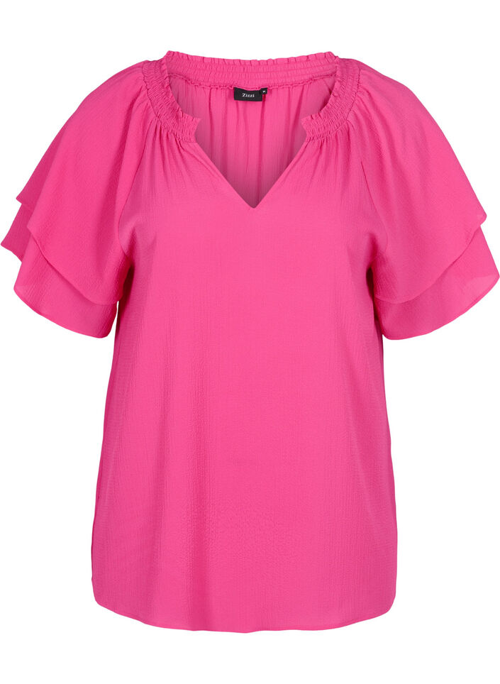 V-hals blouse met korte mouwen, Fuchsia Purple, Packshot image number 0