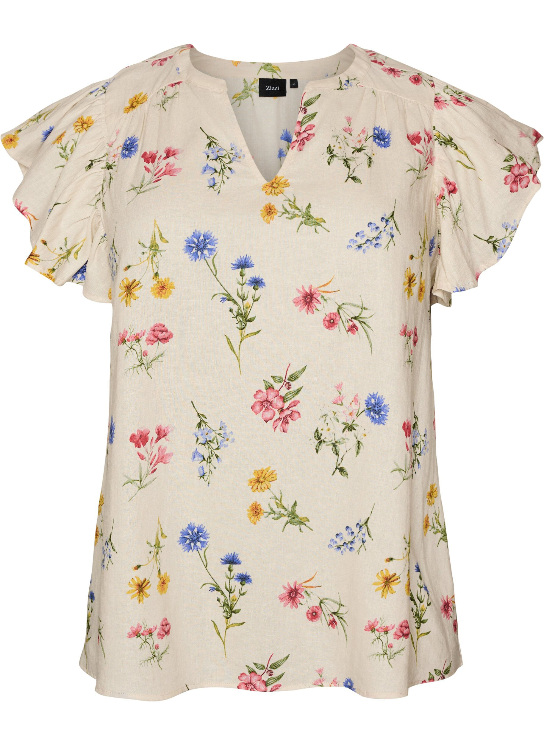 ZizziViscose en linnen blouse met ruches aan de mouwen, Beige, Packshot image number 0