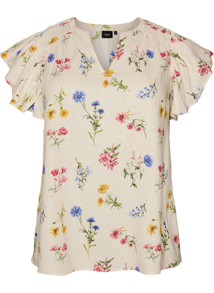 Viscose en linnen blouse met ruches aan de mouwen, Beige, Packshot image number 0