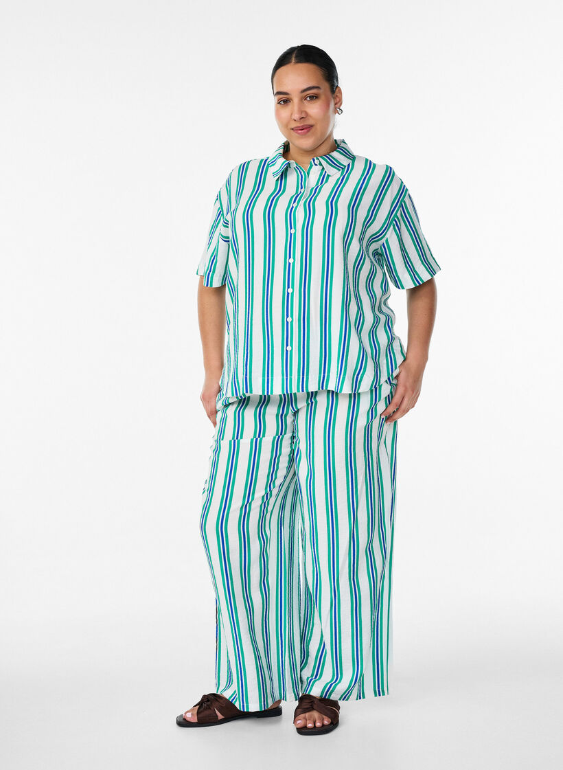 Gestreepte broek met hoge taille en wijde pijpen, Vanille, Model image number 1