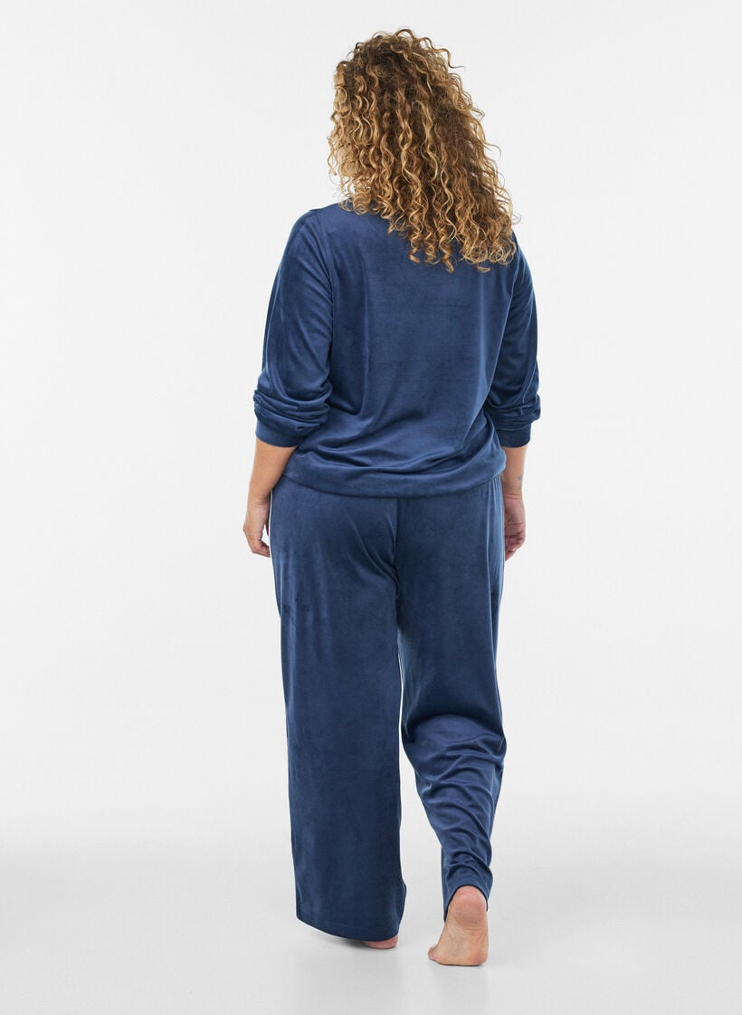 Velours blouse met geborduurde tekst, Blauw, Model image number 2