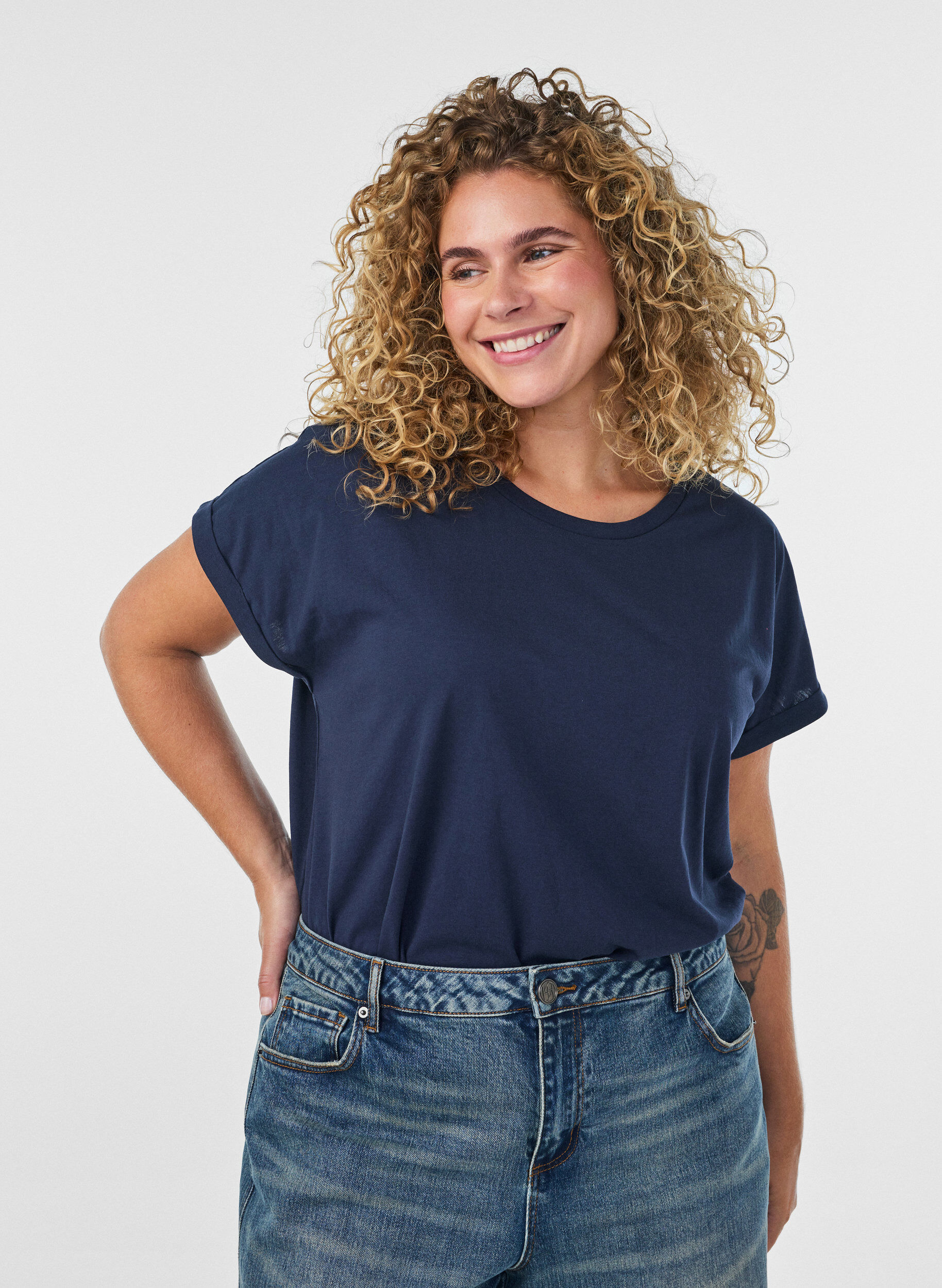 T-shirt met korte mouwen van katoenmix, Blauw, Model