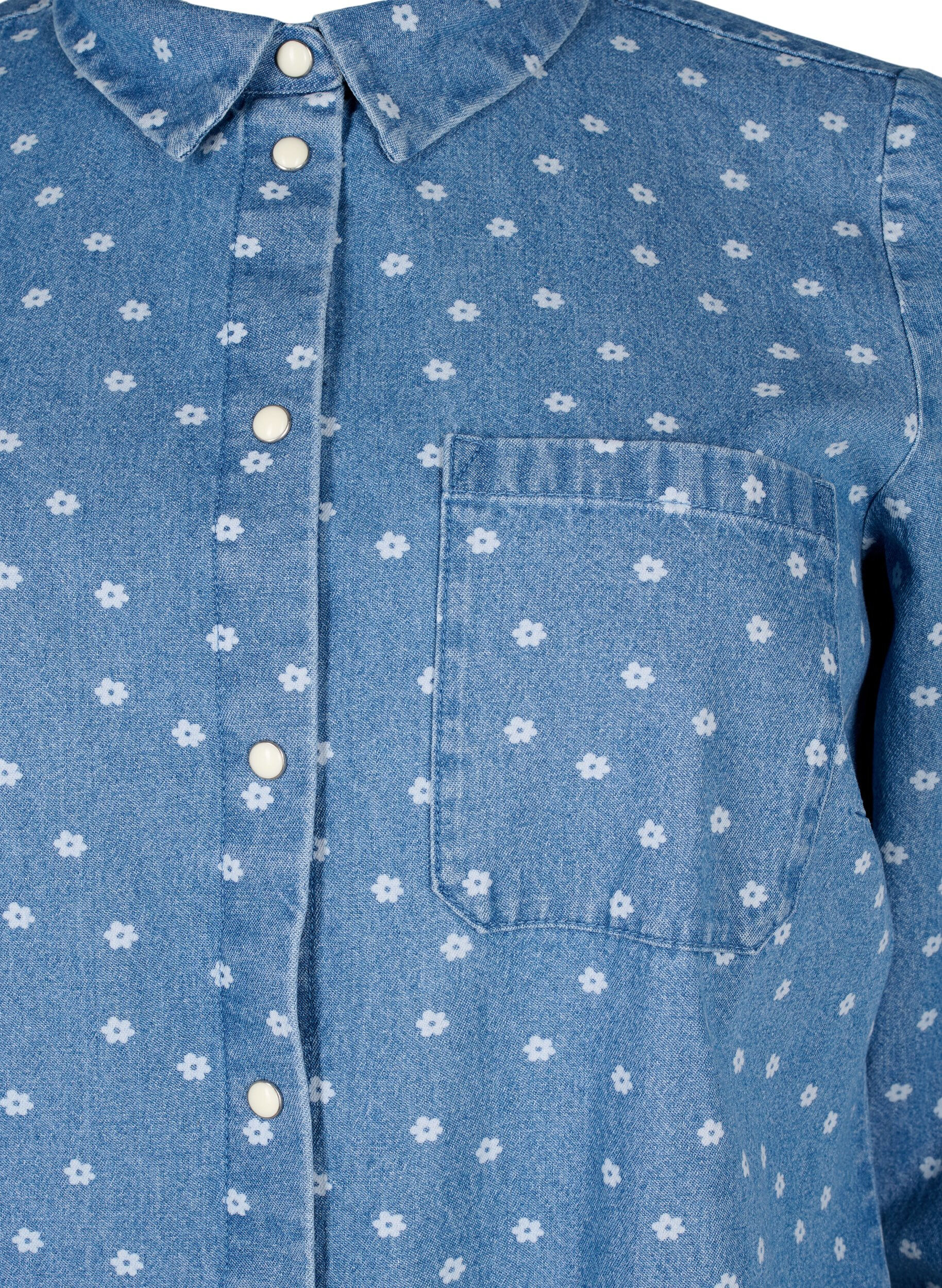 Zizzi Gebloemd denim overhemd met borstzak, Light Blue w.Flowers, Packshot image number 2