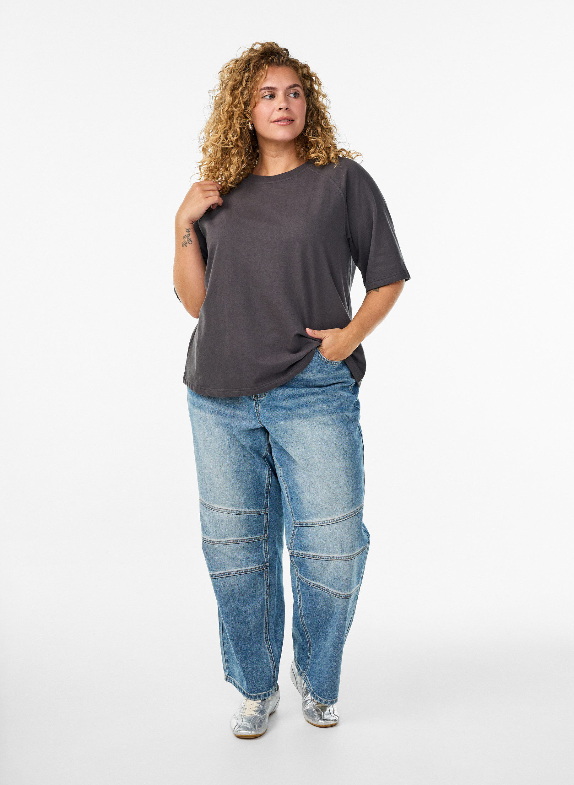 Zizzi Jersey blouse met raglanmouwen tot de elleboog, Grijs, Model image number 1