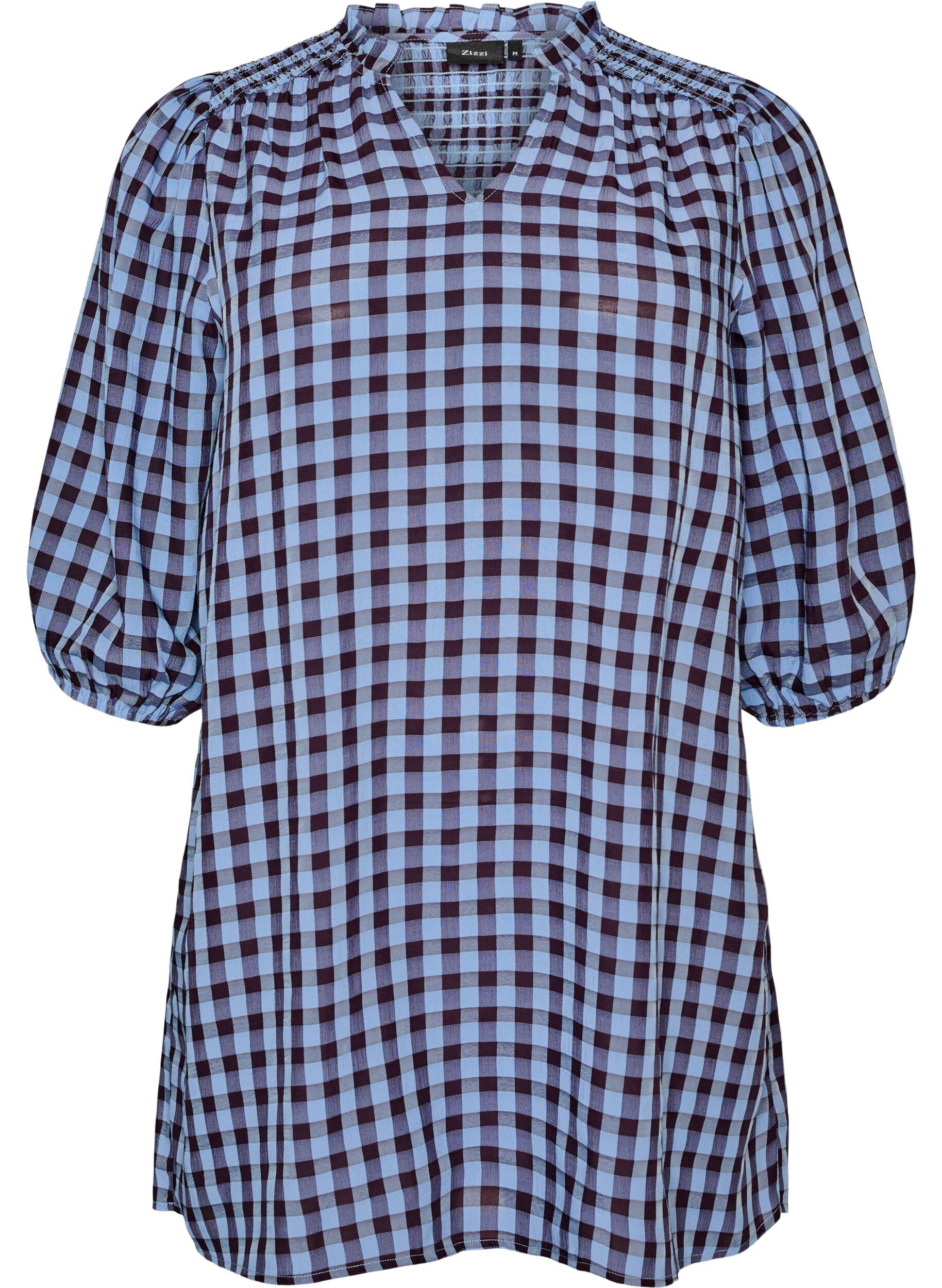 ZizziTunic met ginghamruit en ruchekraag, Blauw, Packshot image number 0