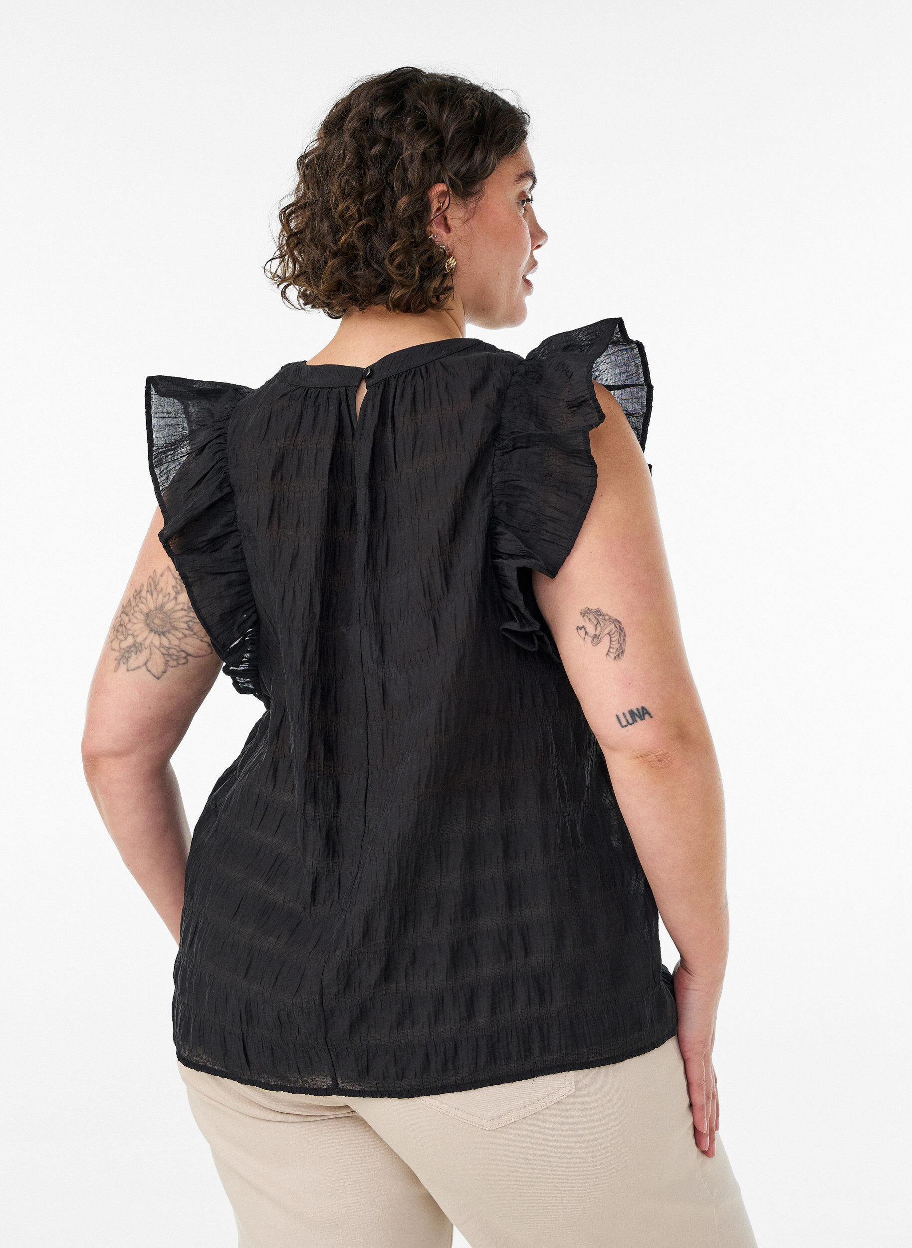 ZizziBlouse met textuur en ruches zonder mouwen, Zwart, Model image number 2