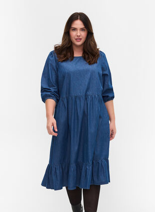 Denim jurk van katoen met 3/4 mouwen, Blue, Model image number 0