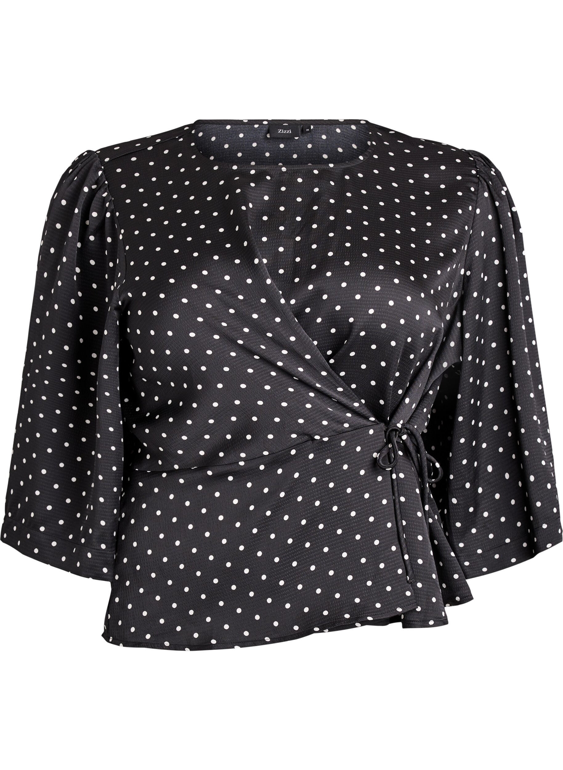 Zizzi Blouse met stippen, striksluiting en 3/4-mouwen, Zwart, Packshot image number 0