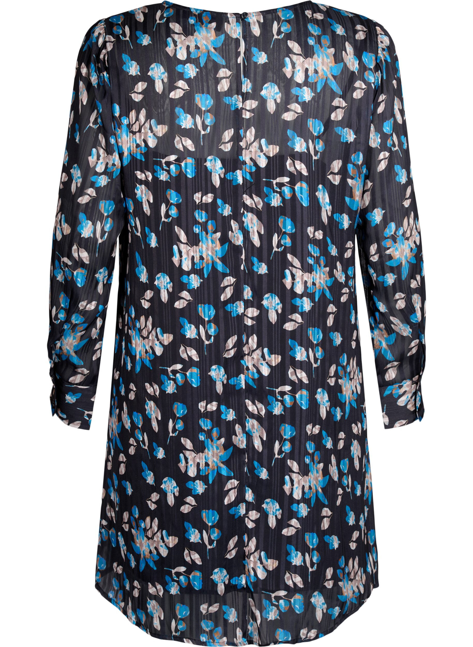 Zizzi Korte jurk met print en een ronde hals, Black Blue Fl. AOP, Packshot image number 1