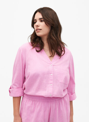 Shirt blouse met knoopsluiting van katoen-linnenmix, Rosebloom, Model image number 0