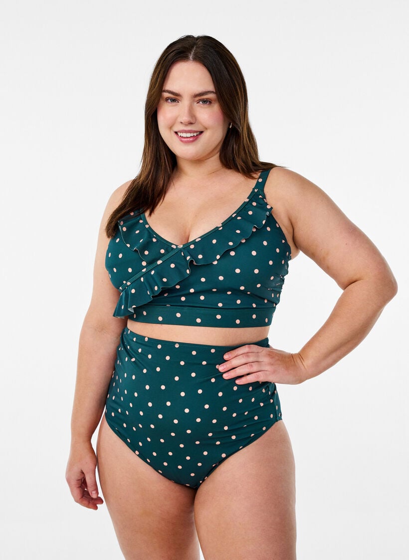 Bikinitop met stippen en ruches, Groen, Model image number 1
