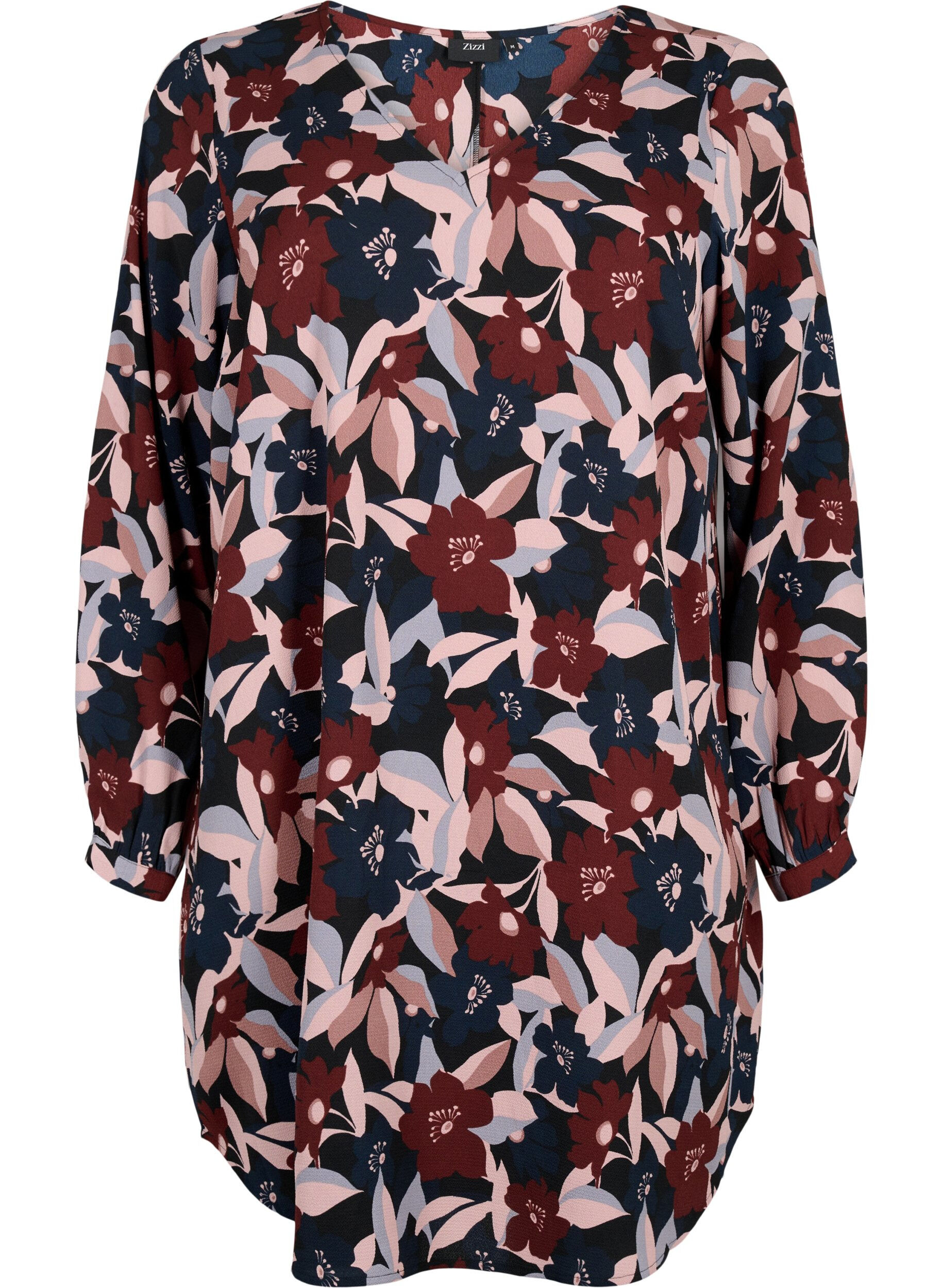 Zizzi Jurk met V-hals en print, Black R. Flower AOP, Packshot image number 0