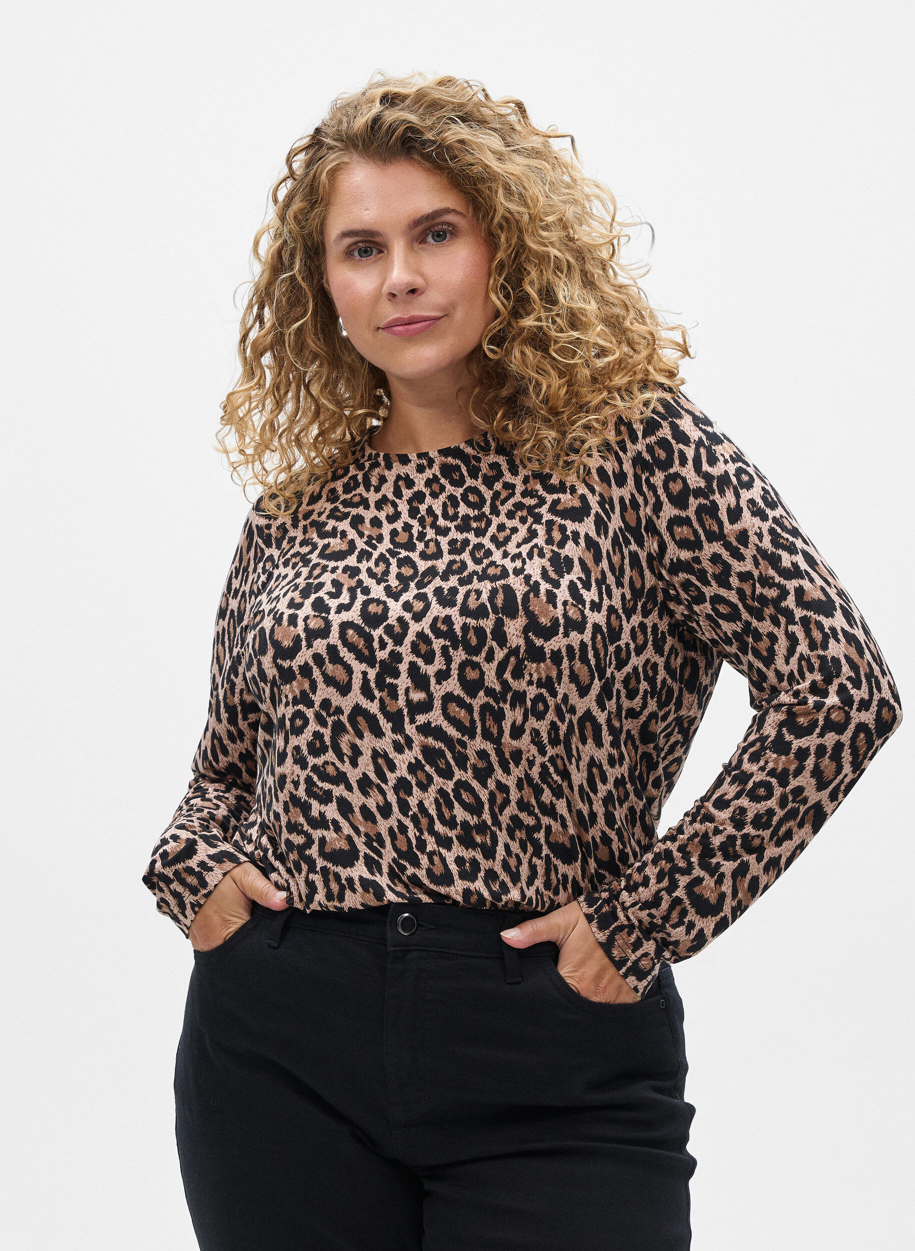 ZizziBlouse met lange mouwen en luipaardprint, Bruin, Model image number 0
