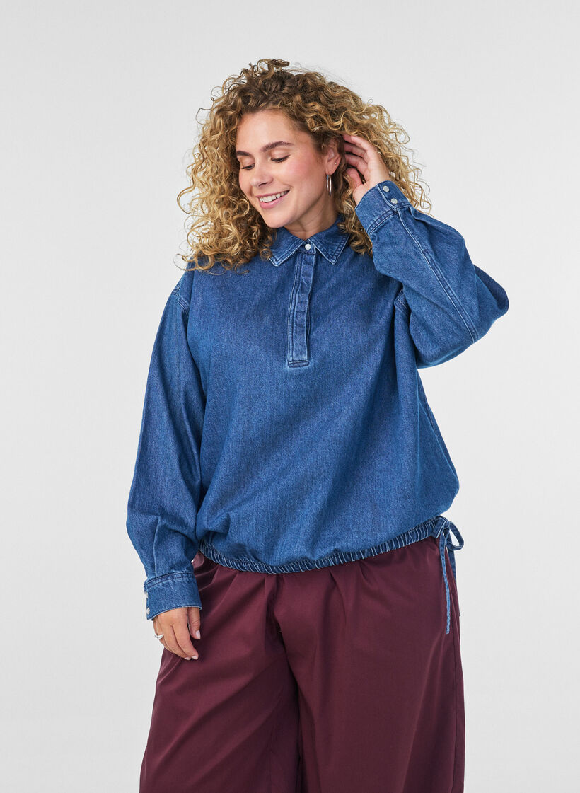 Denim blouse met ballonpasvorm, Blauw, Model