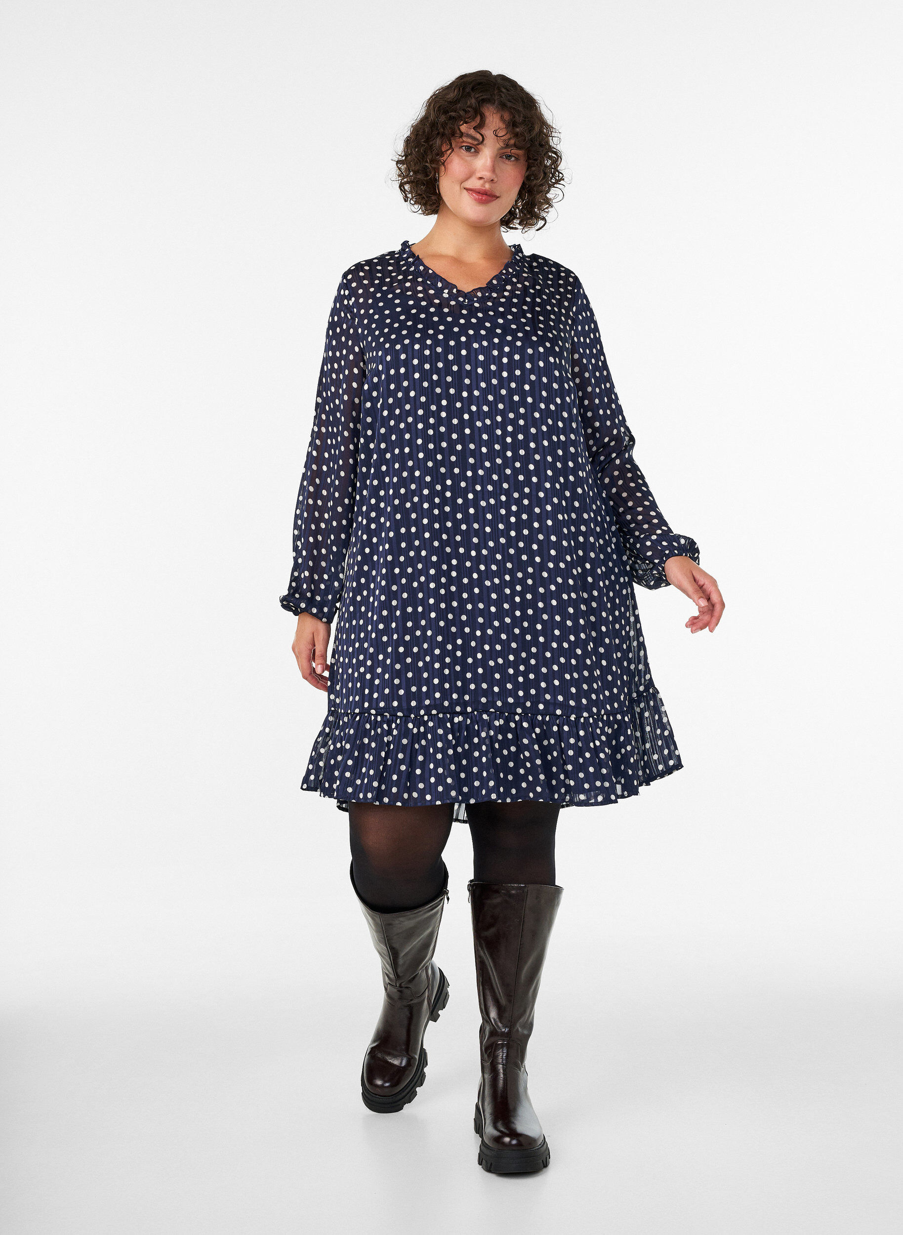 ZizziJurk met patroon, ruches en lange mouwen, Blauw, Model image number 1