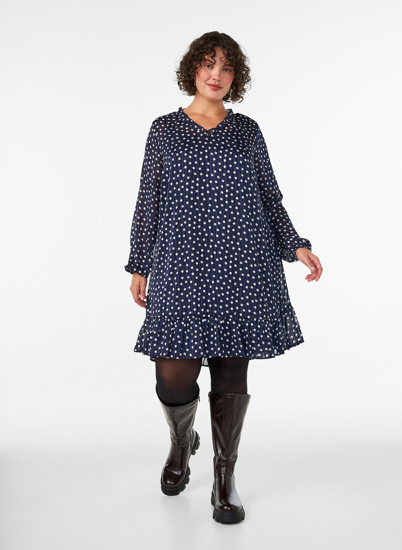 Jurk met patroon, ruches en lange mouwen, Blauw, Model image number 1