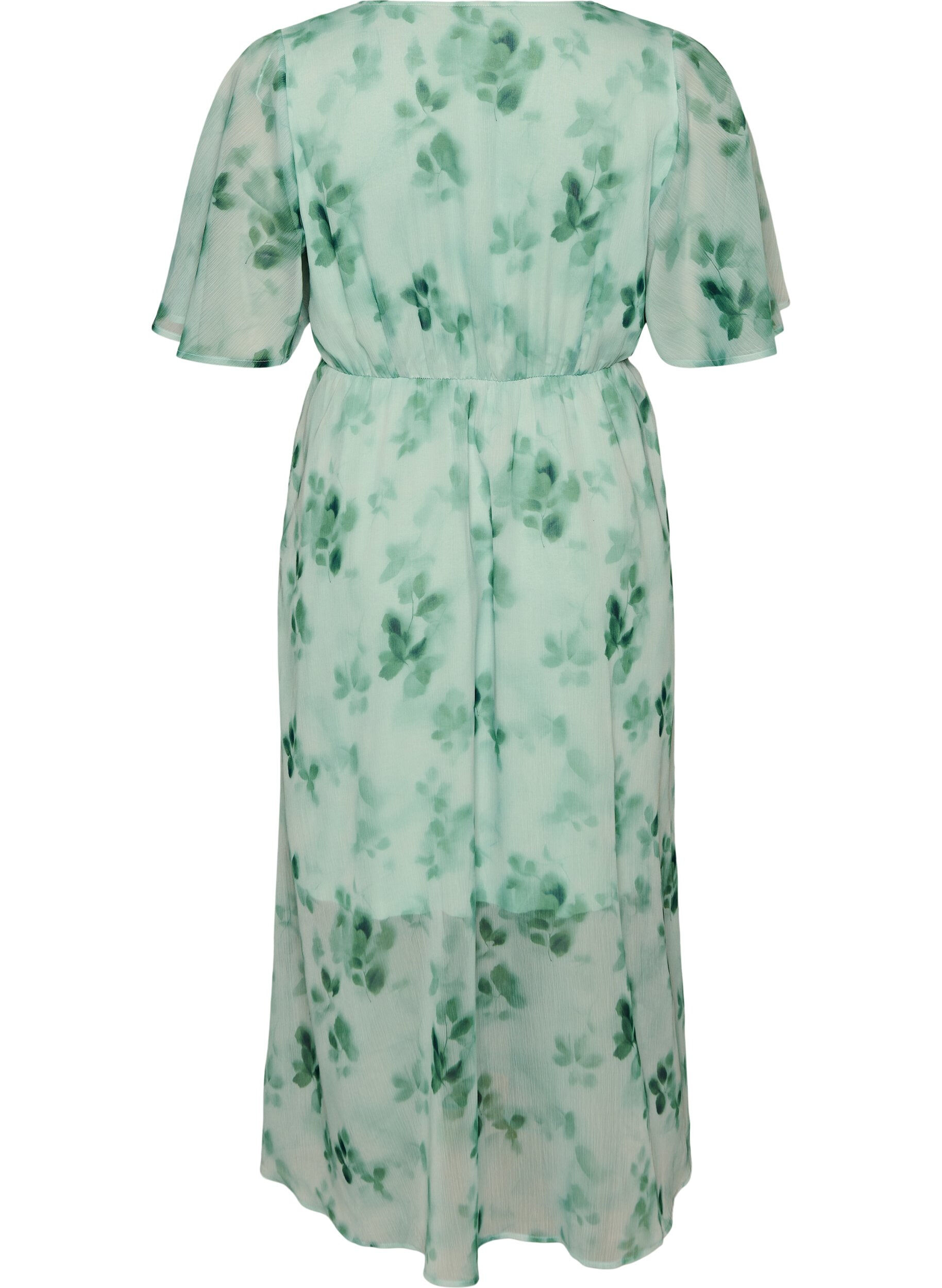 Zizzi Lange chiffon jurk met bloemenprint en korte mouwen, Groen, Packshot image number 1