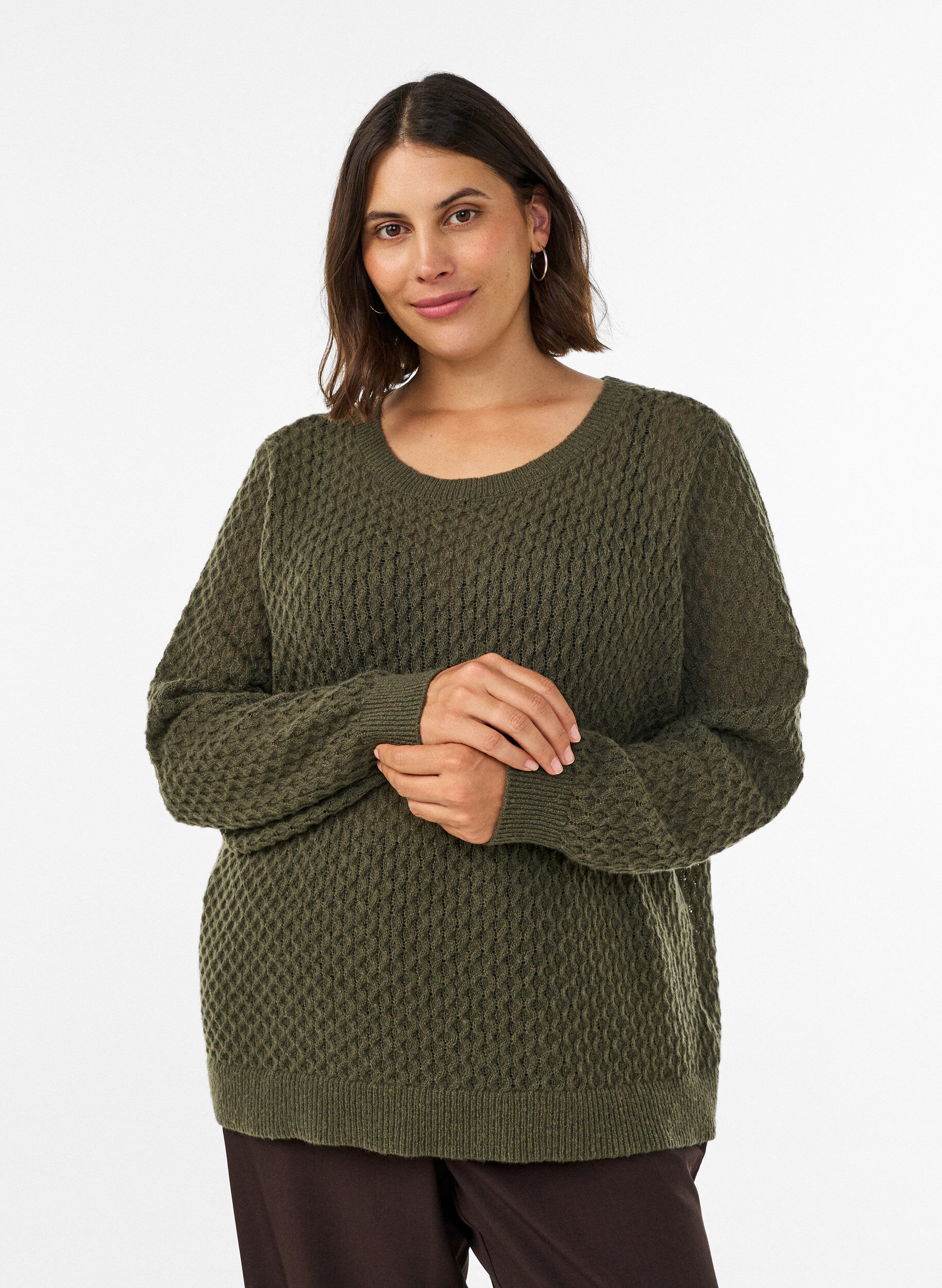 ZizziGebreide blouse met een opengewerkt structuurpatroon, Groen, Model image number 0