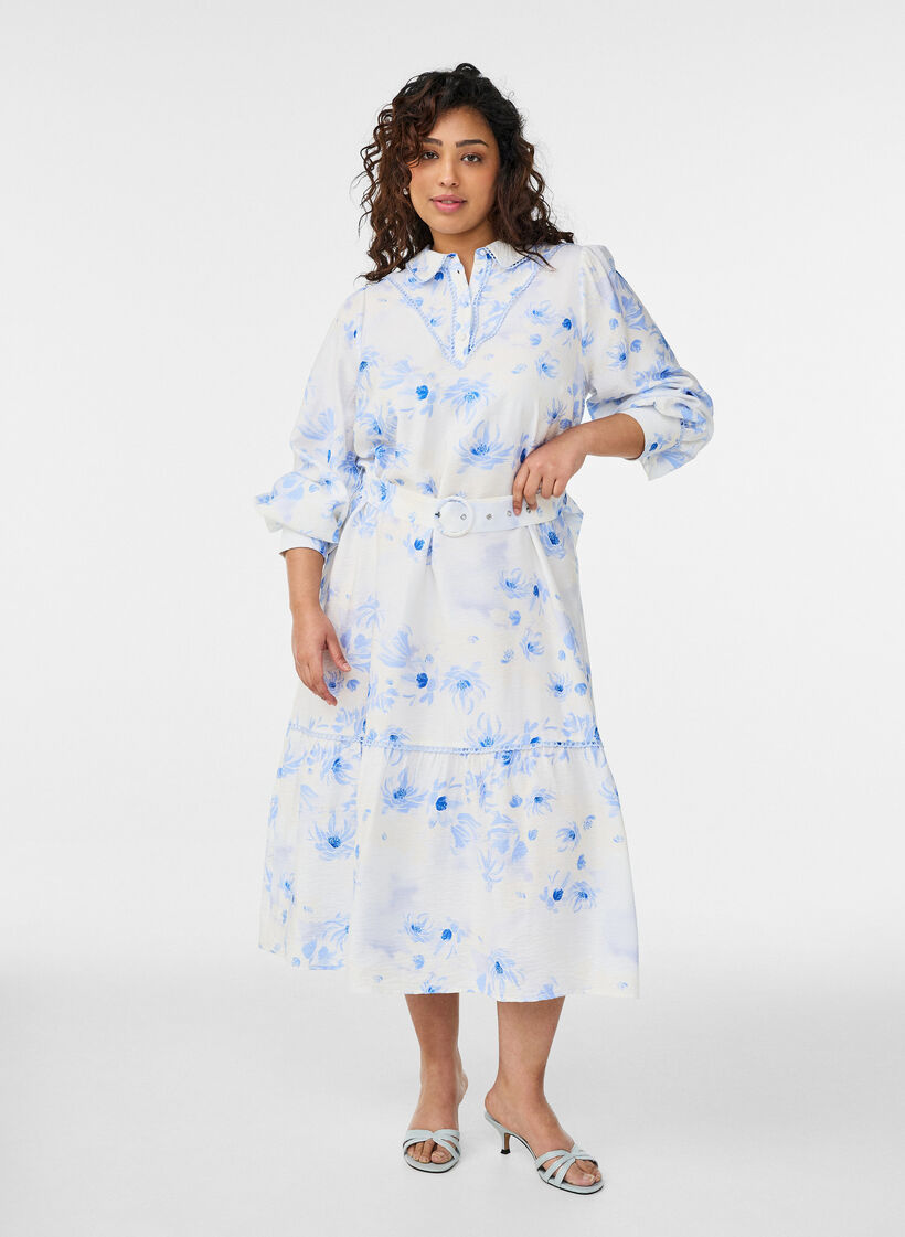 Floral midi-jurk met een riem en lange mouwen, Blauw, Model image number 0