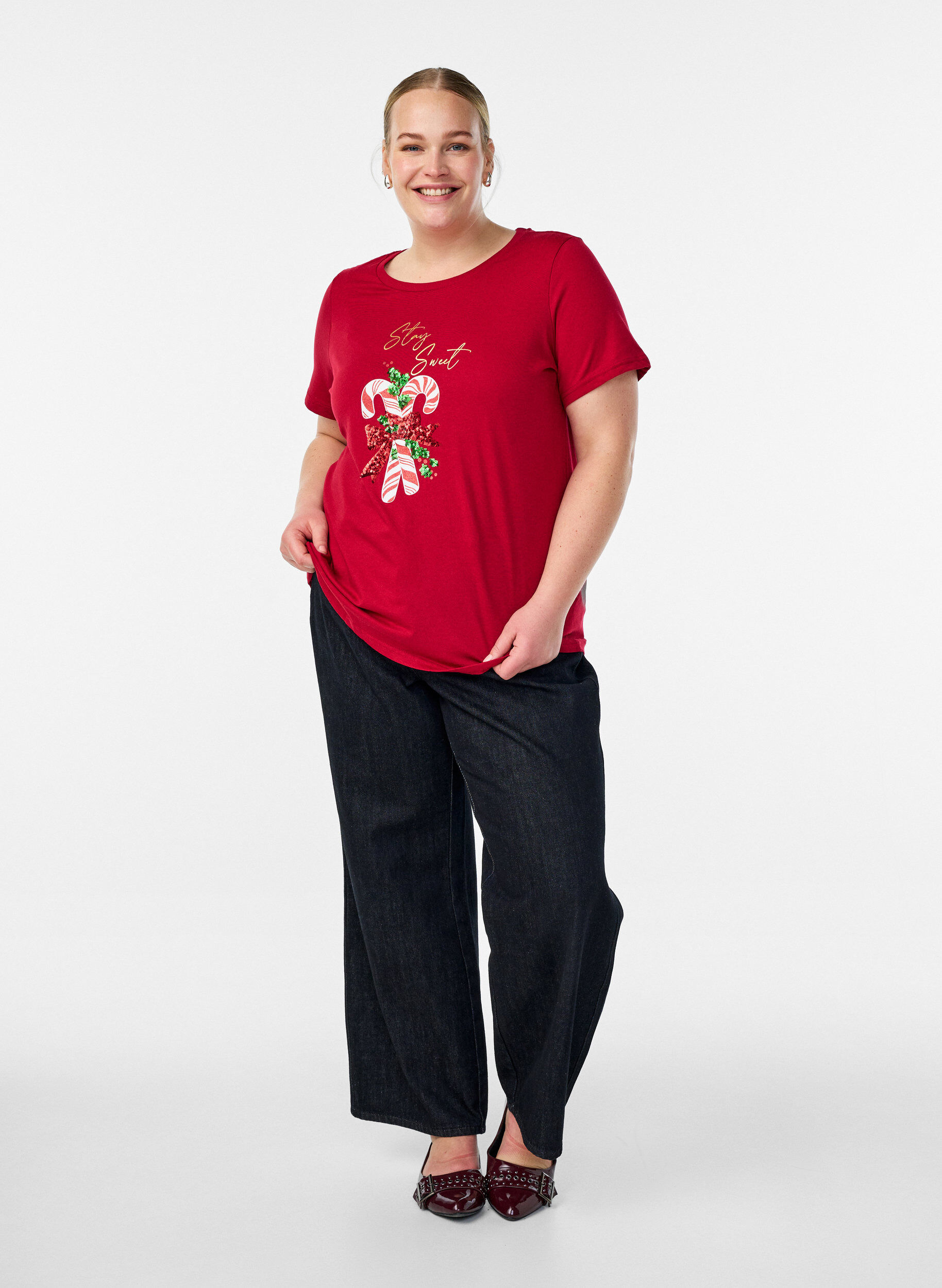 Zizzi Kerst T-shirt van biologisch katoen, Rood, Model image number 1