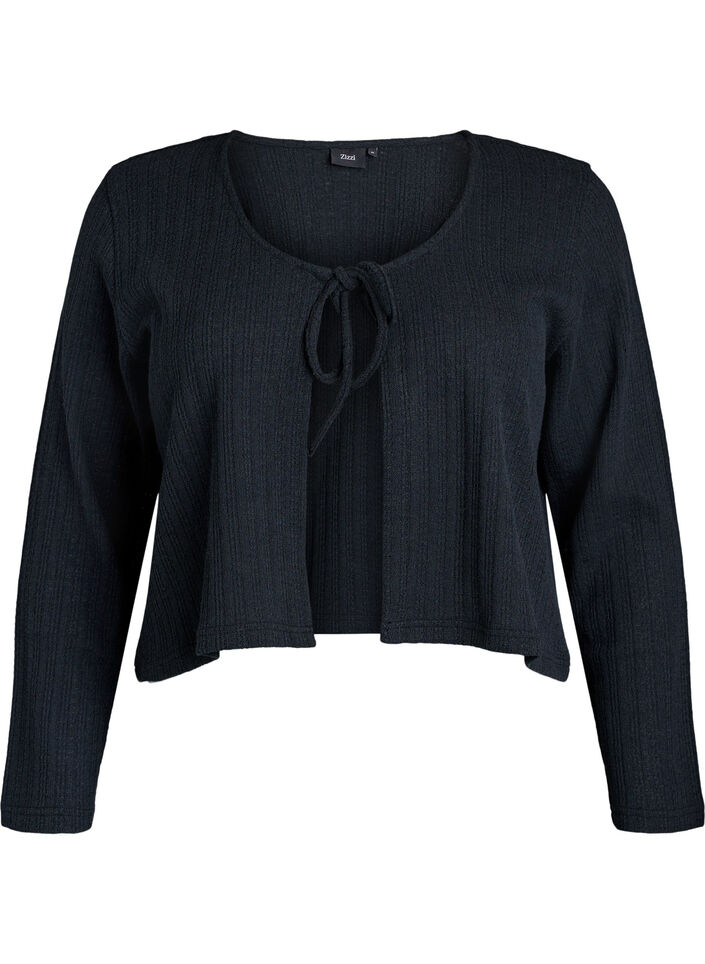 Cardigan met textuur en strik voorkant, Zwart, Packshot image number 0