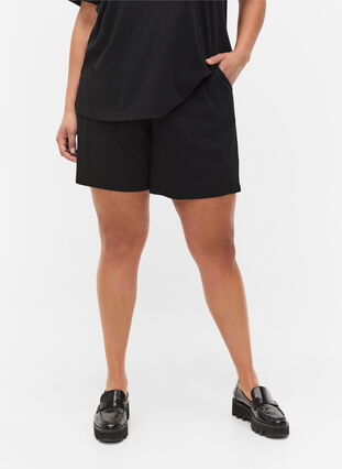 Shorts met ribstof en zakken, Black, Model image number 3