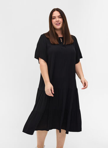 Viscose jurk met print en korte mouwen, Black, Model image number 0