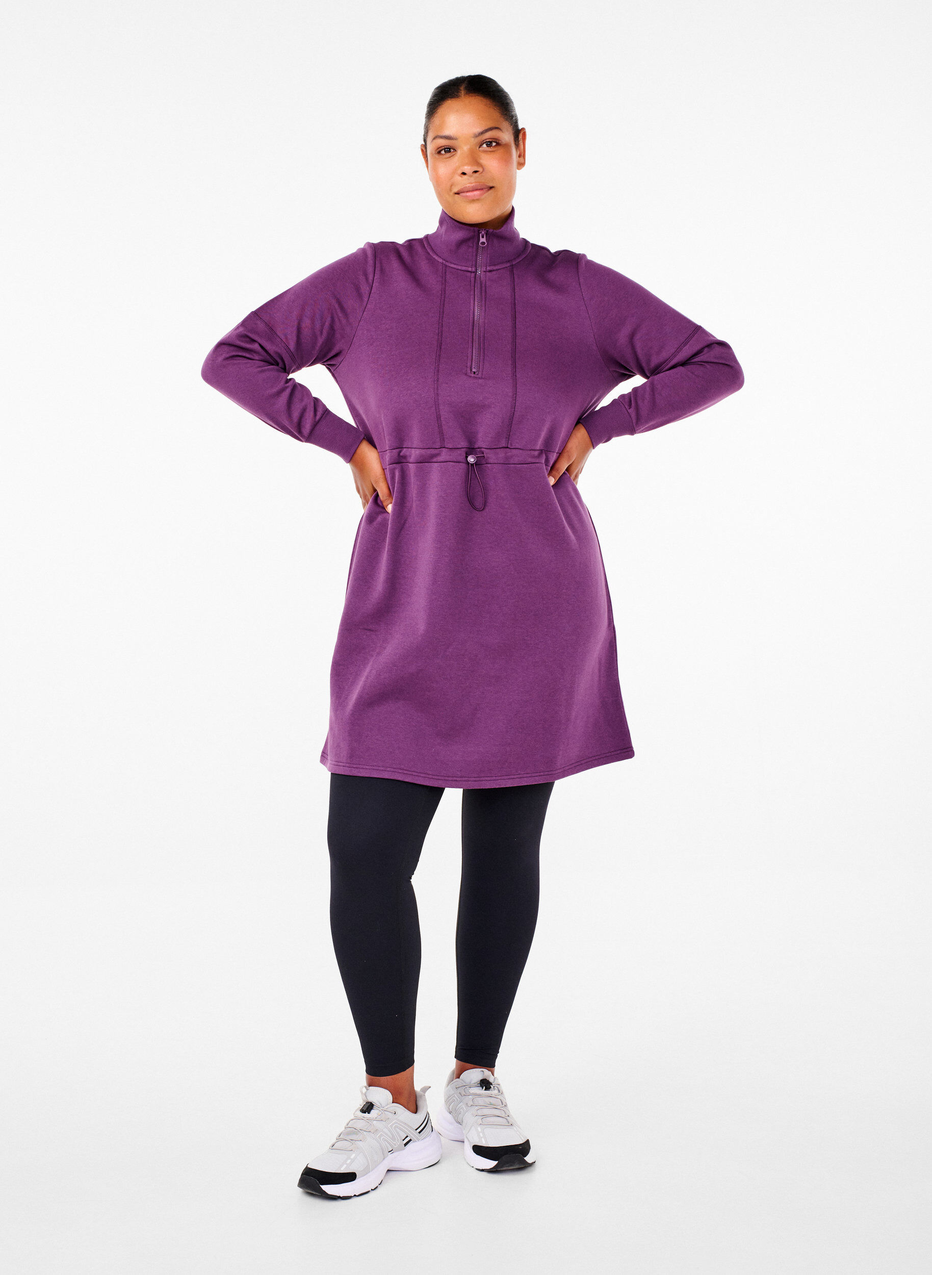 Zizzi Korte sweatshirt jurk met een col en verstelbare taille, Deep Purple, Model image number 3
