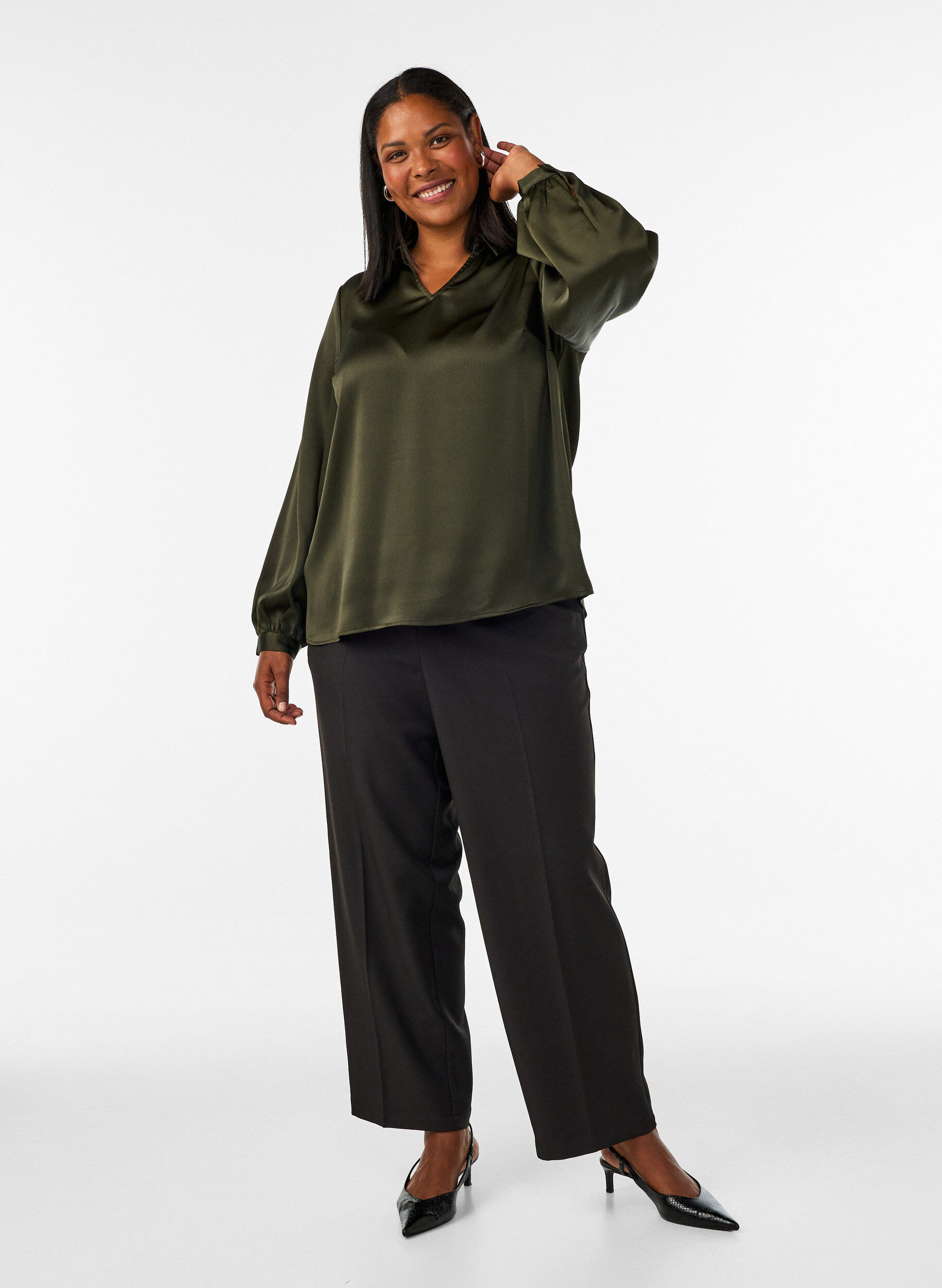 ZizziBlouse met overhemdkraag en V-hals, Groen, Model image number 1