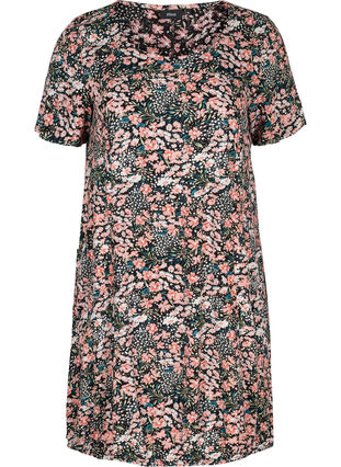 Viscose jurk met print en korte mouwen , Black/Coral Flower, Packshot image number 0