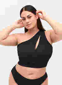 One-shoulder bikinitop in rib, Black, Model