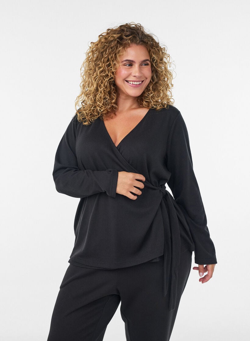 Jersey wikkelblouse met een striksluiting, Zwart, Model image number 0