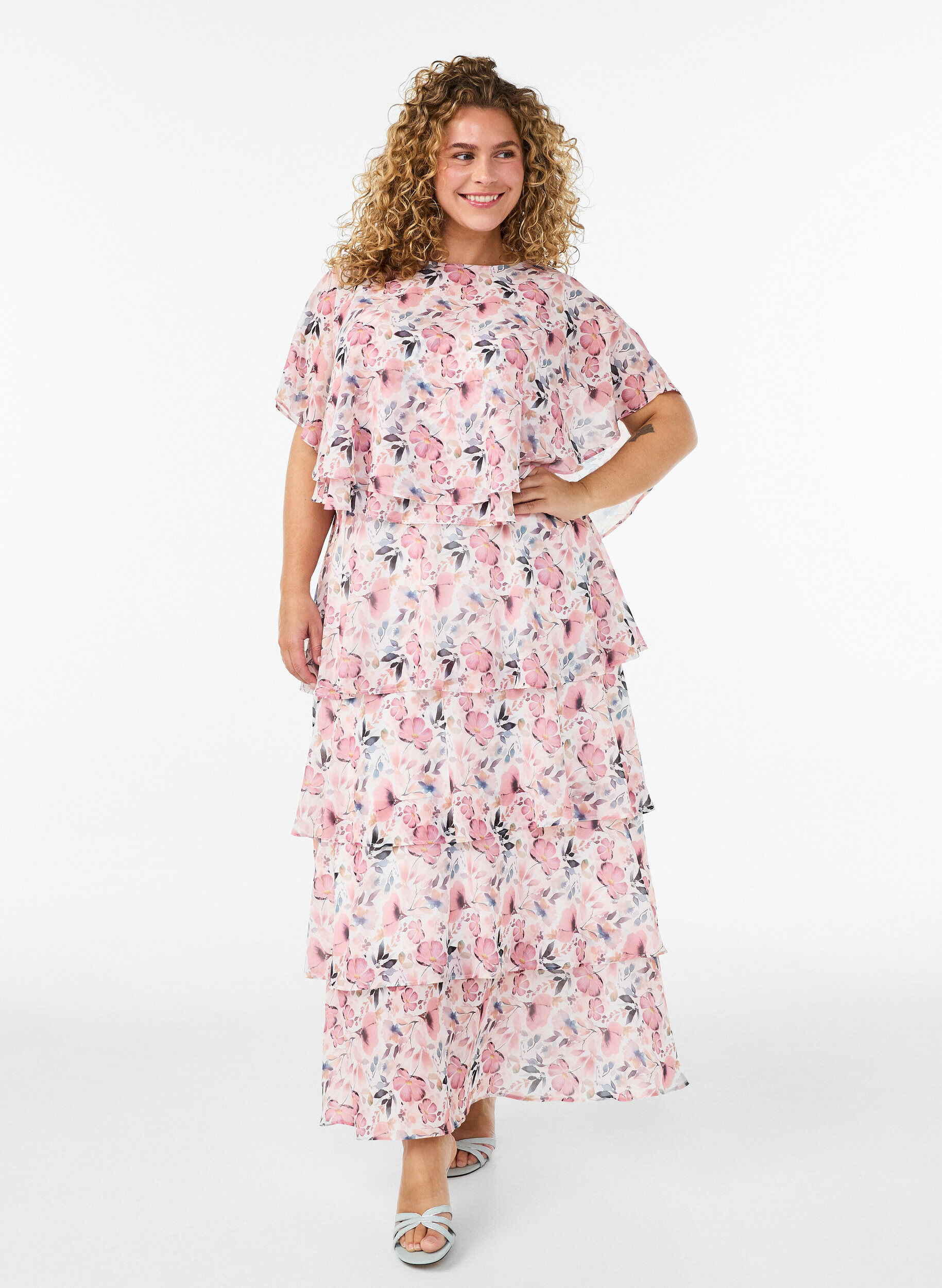 ZizziMaxi jurk met ruches en afneembare cape, Wit, Model image number 0