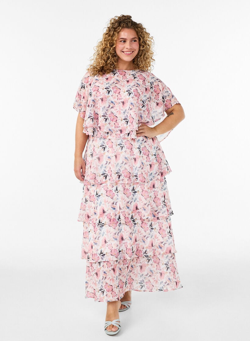 Maxi jurk met ruches en afneembare cape, Wit, Model image number 0
