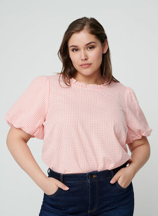 Geruite blouse met korte mouwen, As Sample, Model image number 0