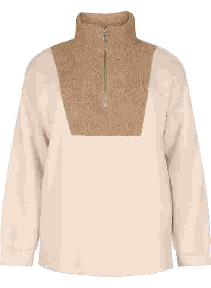 Sweater met hoge hals, teddy stof en ritssluiting, Brown Comb