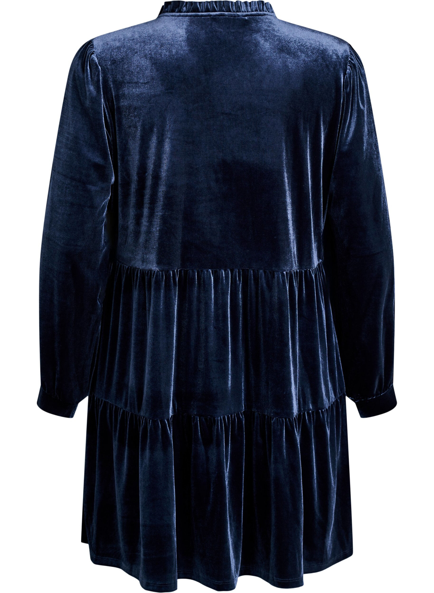 ZizziVeloursjurk met lange mouwen en een ruchekraag, Blauw, Packshot image number 1