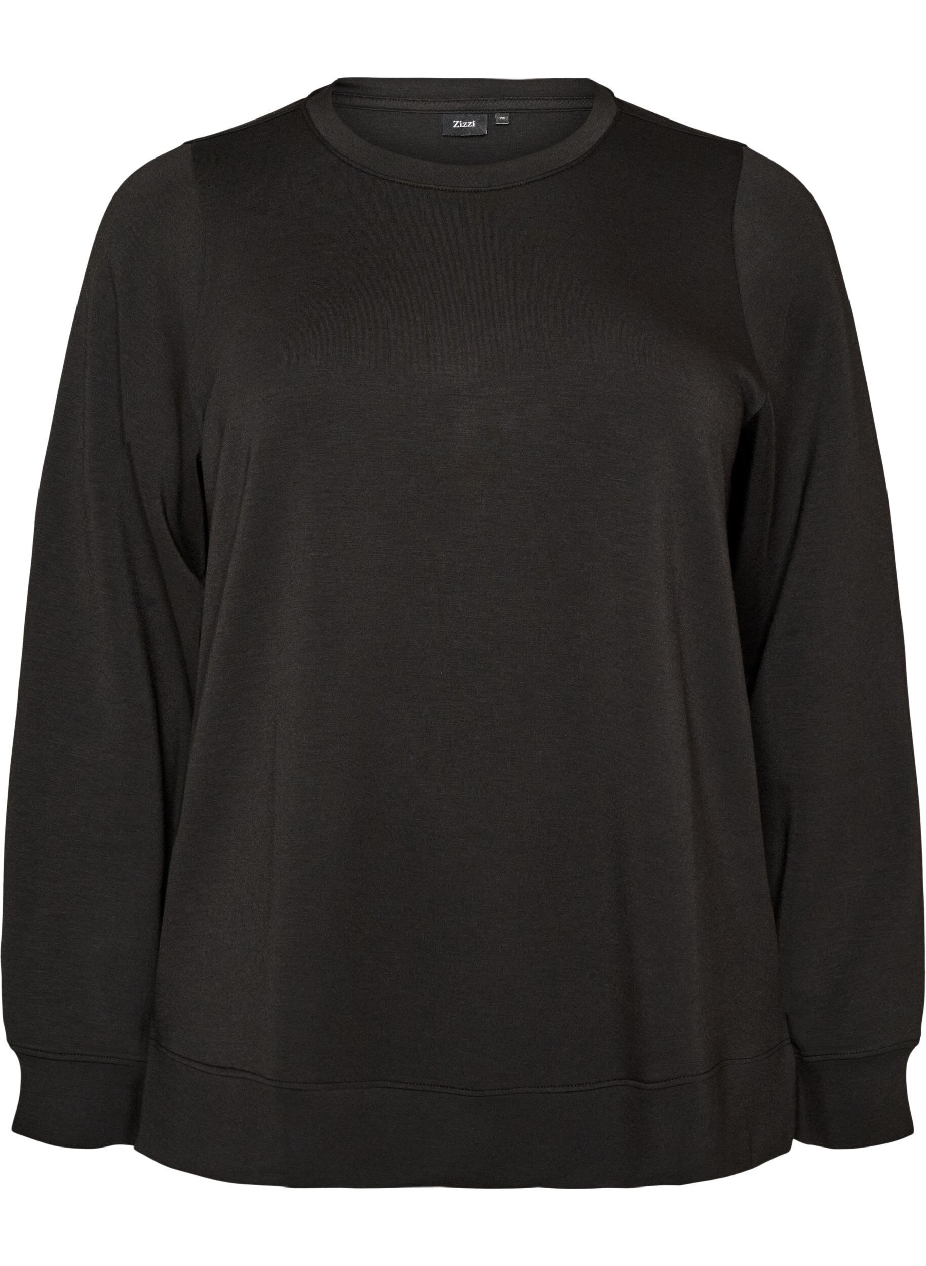 ZizziJersey blouse met lange mouwen en een ronde hals, Zwart, Packshot image number 0