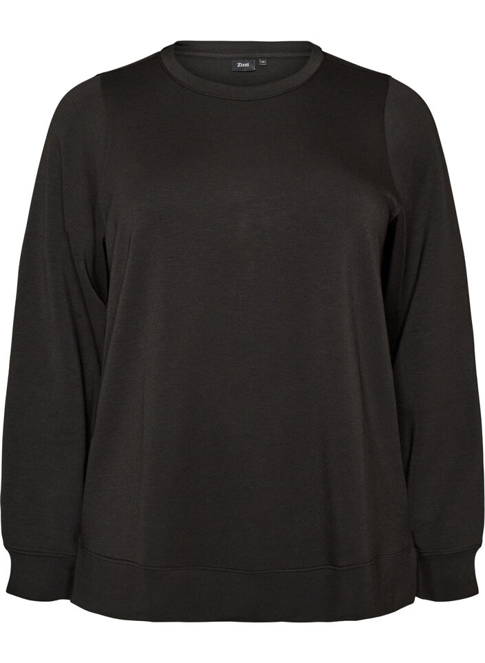 Jersey blouse met lange mouwen en een ronde hals, Zwart, Packshot image number 0
