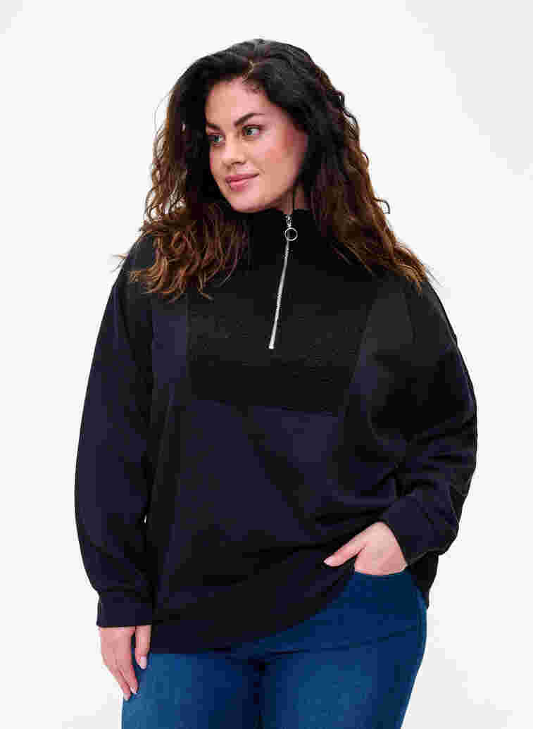 Sweater met hoge hals, teddy stof en ritssluiting, Black, Model image number 0