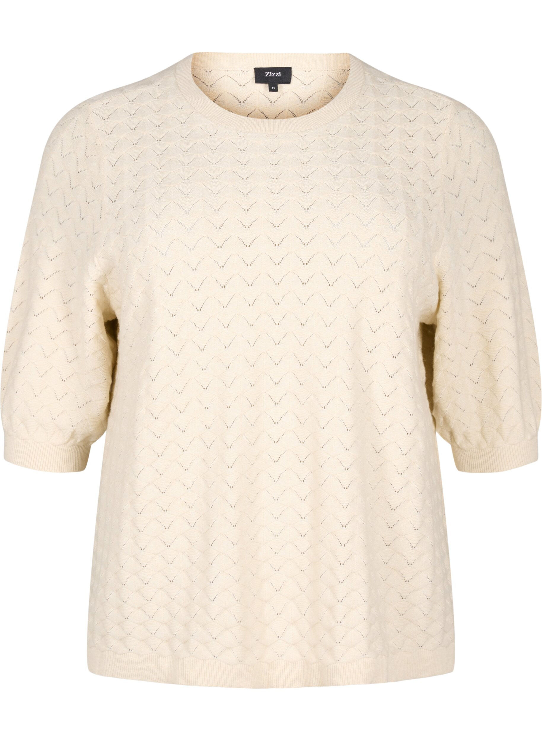 Zizzi Gebreide blouse met opengewerkt patroon en korte mouwen, Birch Mel., Packshot image number 0