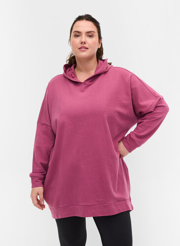 Cotton sweatshirt with hood and high-low effect, Violet Quartz, Model image number 0