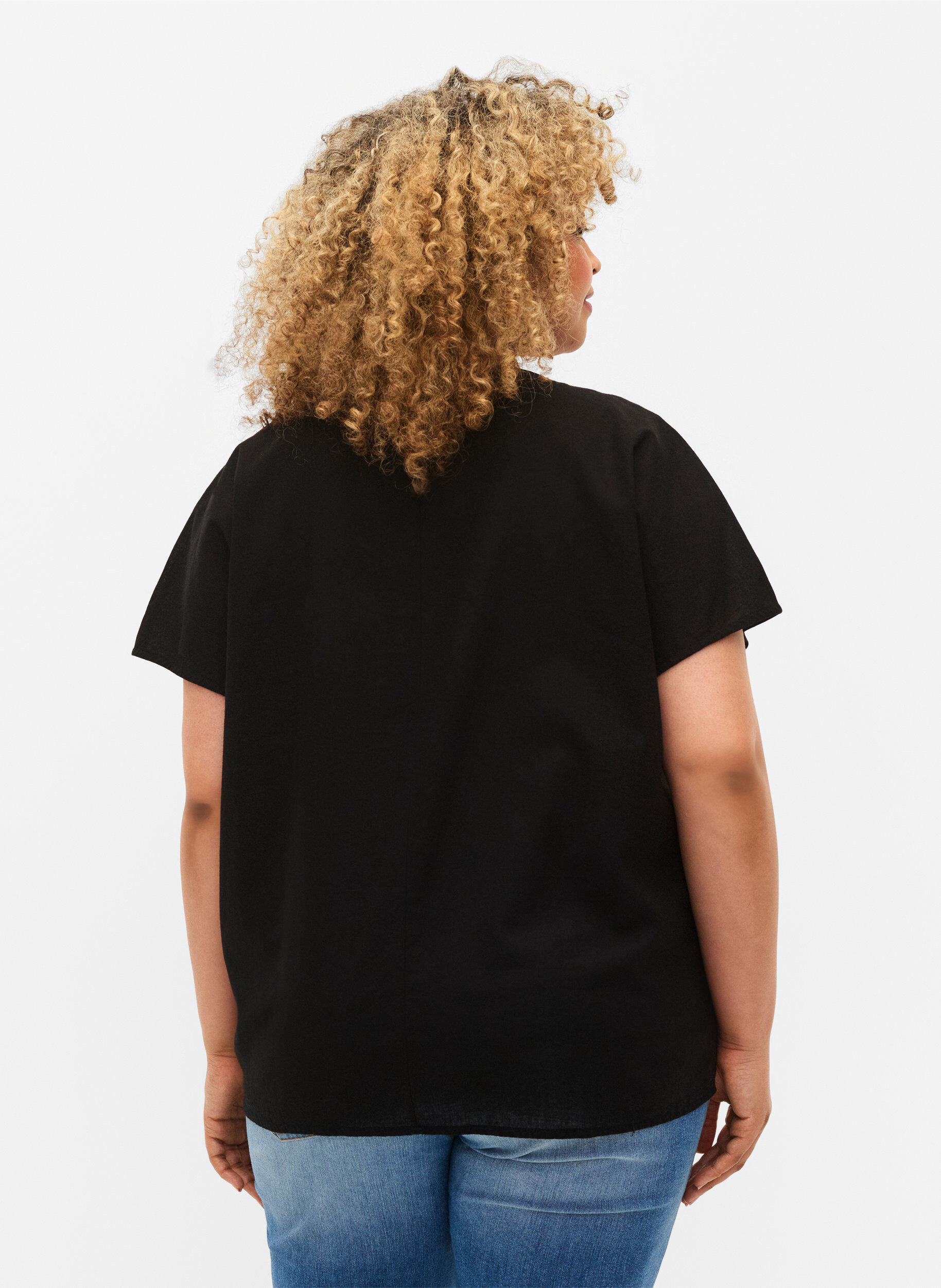 Zizzi Katoenen blouse met korte mouwen van katoenmix met linnen, Black, Model image number 1