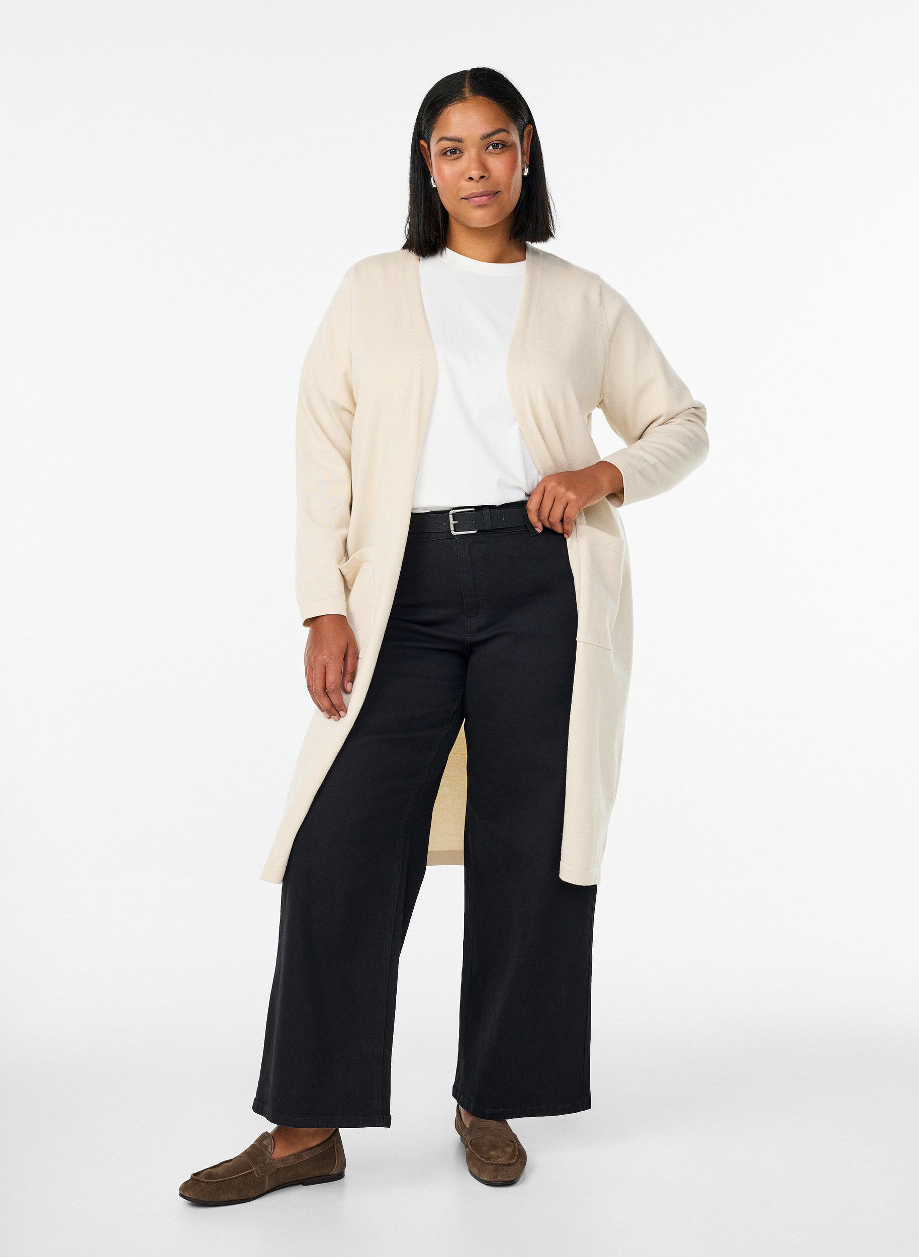ZizziLang, open vest met zakken, Beige, Model image number 0
