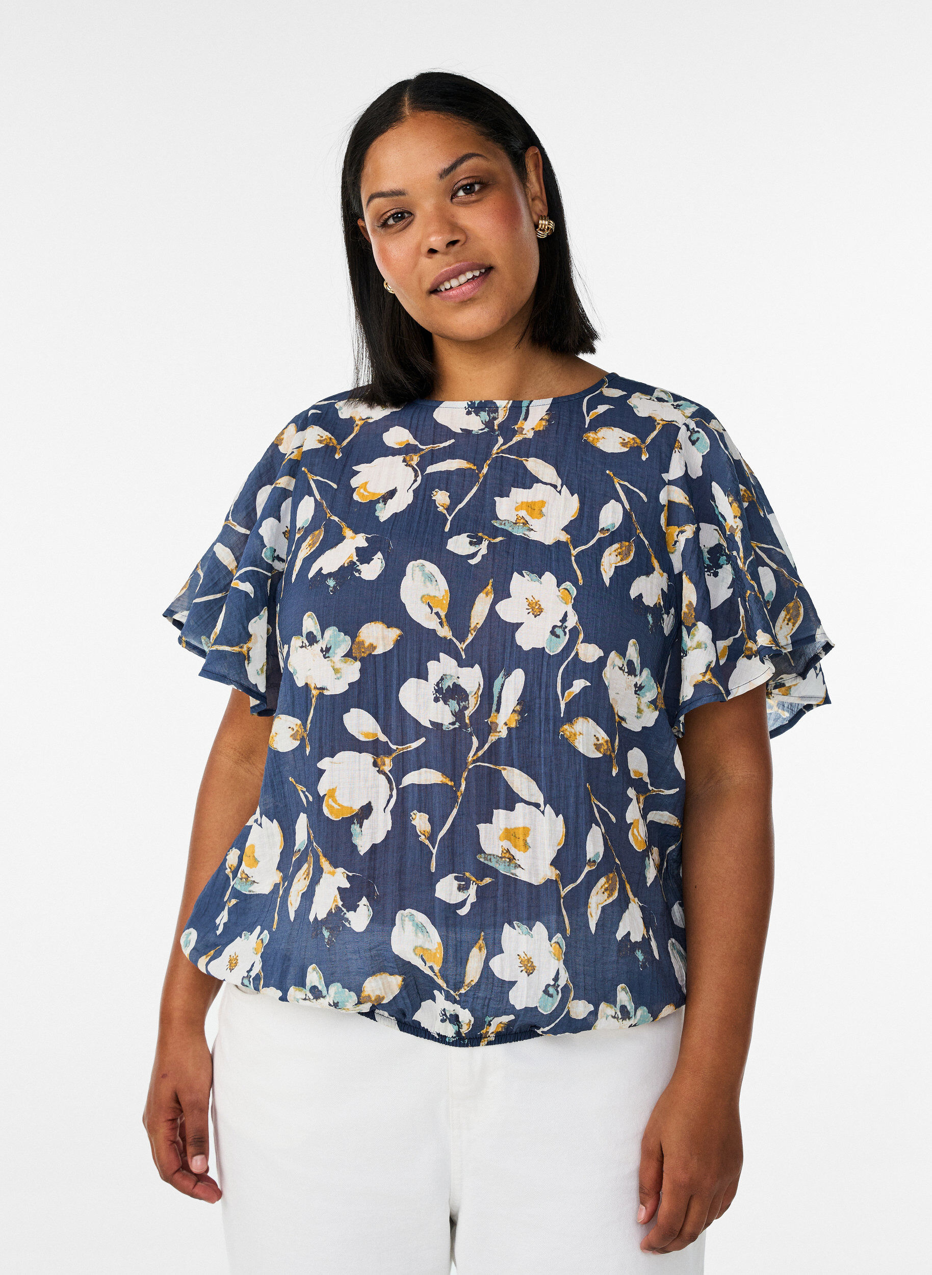 Blouse met ballonavorm en vleermuismouwen, Blauw, Model