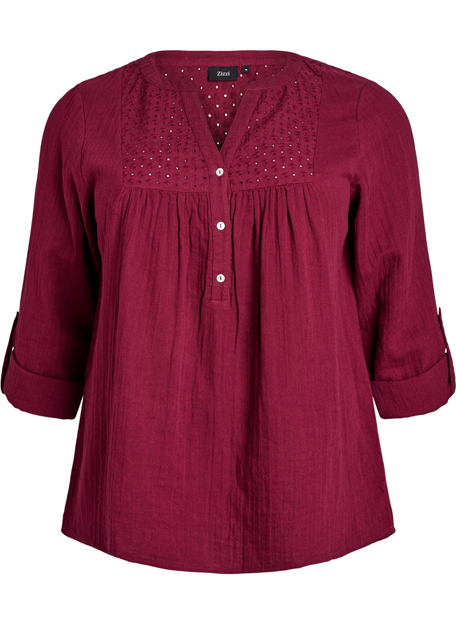 ZizziBlouse in katoenen mousseline met broderie anglaise, Donker Bordeaux, Packshot image number 0